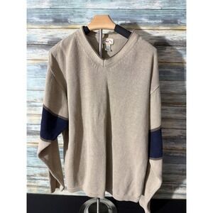 County Seat V-Neck Sweater Large Tan Navy Excellent Vintage Ramie Cotton Knit